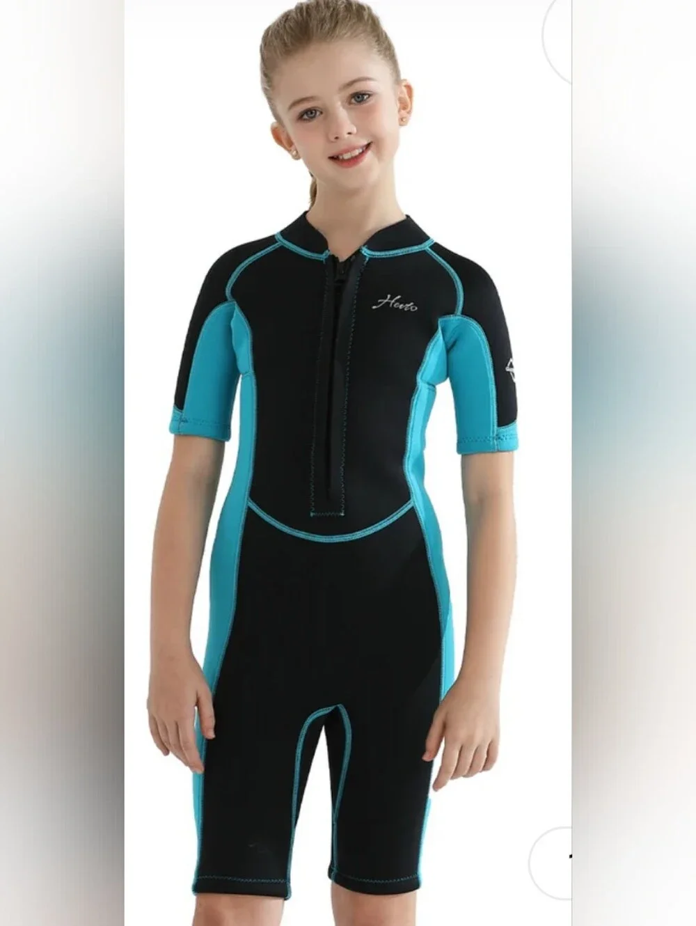 Kids Short Sleeve One-Piece Wetsuit - Black & Teal